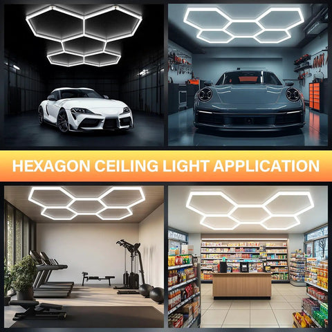 Hexagon LED Garage Light With Upgraded Wider Light Tube Mega Bright 24000 Lumens 5000K Daylight 200W in auto shop and gym