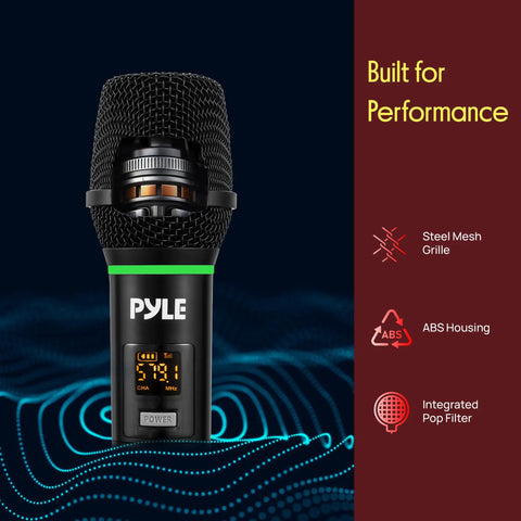 Wireless USB Microphone System With 16-Channel UHF Dial, black mic with display and steel mesh grille for stage use.