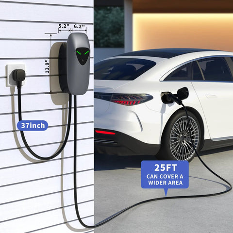 Fast Level 2 EV Charger 48 Amp Hardwired With 25Ft Cable WiFi App Control RFID Card Access 240V J1772 Station charging car