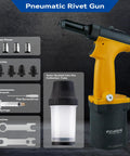 Pro-Grade Pneumatic Rivet Gun Kit with auto feed, 4 interchangeable nozzles, shown with tools and collection tube