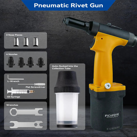 Pro-Grade Pneumatic Rivet Gun Kit with auto feed, 4 interchangeable nozzles, shown with tools and collection tube