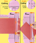 Pink A5 Paper Cutter Guillotine with side ruler showing size and angle cutting guides for scrapbooking and precise cuts.