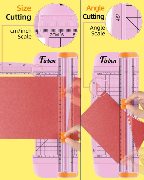 Pink A5 Paper Cutter Guillotine with side ruler showing size and angle cutting guides for scrapbooking and precise cuts.