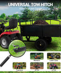 Heavy Duty Steel Dump Cart And Utility Trailer With 1600 Lb Capacity And 15 Cu Ft Box For ATV Or Lawn Tractor with removable sides shown hitched to a red lawn tractor on grass.