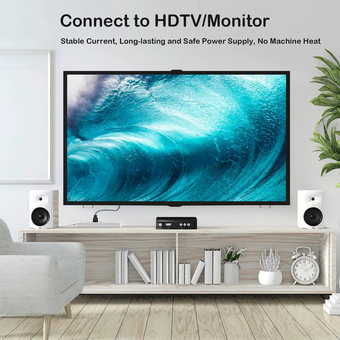 Living room setup with TV connected via Heavy Duty 10A 18AWG Nylon Braided 10 Ft AC Power Cord 3 Prong Replacement Cable