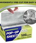 Pro Grade Aluminum Foil Sheets 12x10.75 Pop Up Box Dispenser showing pre-cut sheets being pulled out for easy food wrapping