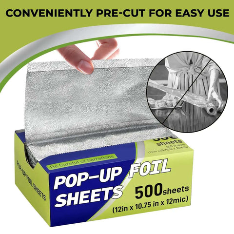 Pro Grade Aluminum Foil Sheets 12x10.75 Pop Up Box Dispenser showing pre-cut sheets being pulled out for easy food wrapping