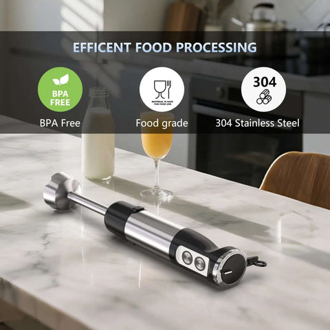 Heavy Duty Kitchen Workhorse 1000W Handheld Immersion Blender Featuring Slick Stainless Steel Shaft on kitchen counter.