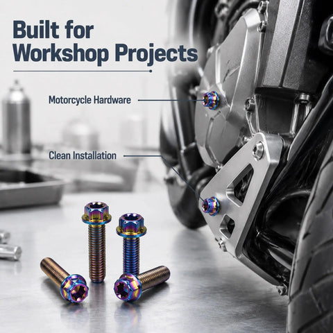 Top Tier Tc4 Titanium Alloy Flange Screws For High Performance Motor Mods And Engine Builds With Heavy Duty M4 M5 Metric Fasteners on a motorcycle.