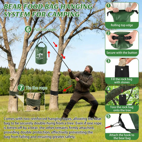 Bear Proof Camping Hanging Kit With 15L Scent Proof Bag setup demonstration in forest with rope pulley system and bear bag