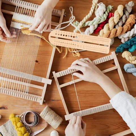 Wooden Sock Blocker Ruler For Knitting And Crochet, Dual Measuring Tool With Needle Gauge, 12.6 Inch Craft Ruler For Yarn Projects, Durable And Totally Handy For Socks, Hats, And Crochet Fans. Wooden ruler used with weaving frames and yarn on table