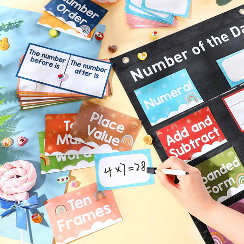 Hands On Number Of The Day Pocket Chart Set With 66 Erasable Math Cards And Pen Boho Style Classroom Decor For Home School Perfect Teaching Aid For Daily Math Practice And Visual Learning displayed with cards and pen on table