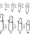 Duo Lock fishing snaps, steel, 100-pack; assorted sizes 0–8 shown in front and close-up views.