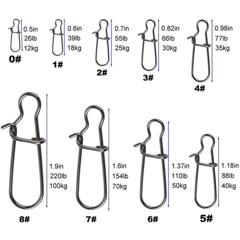 Duo Lock fishing snaps, steel, 100-pack; assorted sizes 0–8 shown in front and close-up views.