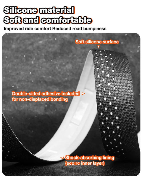 Black road bike handlebar tape with silicone surface, EVA foam, and aluminum bar plugs, highlighting shock-absorbing lining.