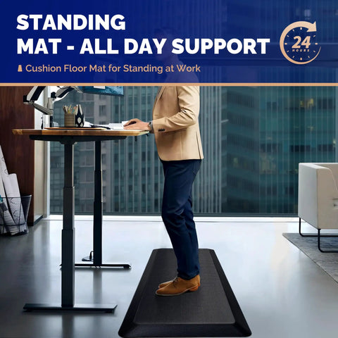 Standing man on Extra Thick Anti Fatigue Standing Mat For Home And Office, 24 X 70 Inches, Ergonomic Standing Desk Mat