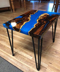 Wood and blue resin coffee table with 26 Inch Hairpin Table Leg Set With One Half Inch Diameter Three Rods Beefy Black Furniture Feet.