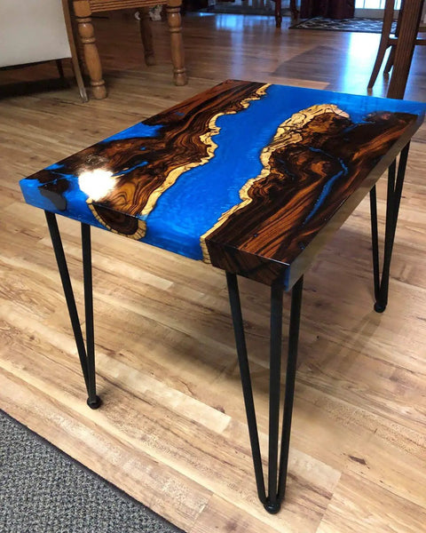 Wood and blue resin coffee table with 26 Inch Hairpin Table Leg Set With One Half Inch Diameter Three Rods Beefy Black Furniture Feet.