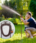 Heavy Duty Garden Hose Holder Wall Mount For 150 Ft Hoses Solid Metal Hanger Bronze Finish with person using hose