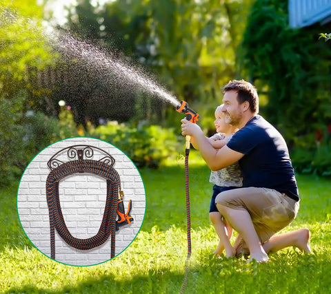 Heavy Duty Garden Hose Holder Wall Mount For 150 Ft Hoses Solid Metal Hanger Bronze Finish with person using hose