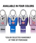 TSA Approved Luggage Lock Set 4 Pack Keyed Alike in silver, blue, purple, and pink; colors may vary.