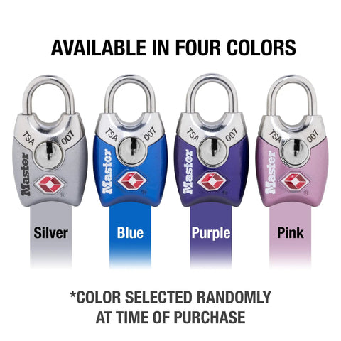 TSA Approved Luggage Lock Set 4 Pack Keyed Alike in silver, blue, purple, and pink; colors may vary.