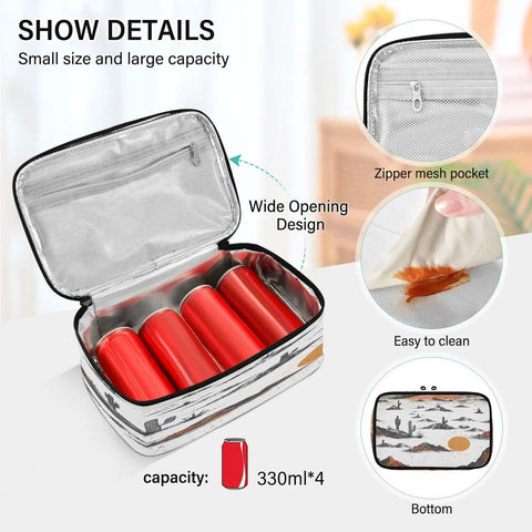 Western Desert Inspired Insulated Lunch Bag with leakproof cooler, zippered mesh pockets, open design with red containers inside.
