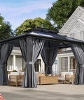 10x12 Ft Hardtop Aluminum Gazebo With Curtains And Netting installed on patio, showing double polycarbonate roof and durable design for outdoor use.