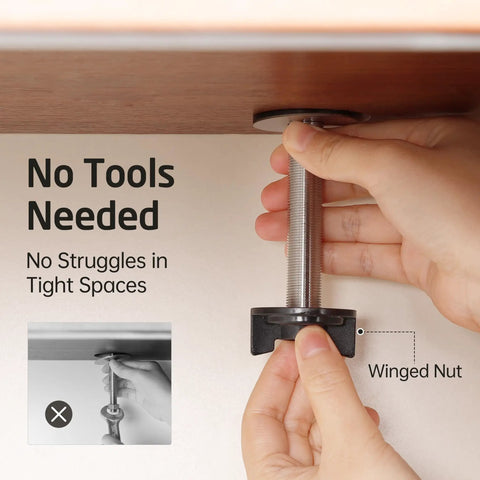 Hand holding winged nut and stainless steel component for KES NSF Certified All Metal Drinking RO Water Faucet Non-Plastic Connector.