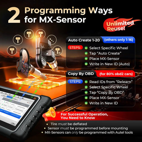 MX Sensor TPMS One Sensor With 315 And 433 MHz Metal Valve Press In Programmable Tire Pressure Sensor For Easy Auto Tire Maintenance And Seamless Wheel Fitment, programming guide