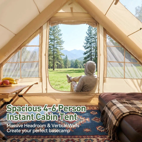 Inside view of Inflatable Family Camping Tent With Instant Setup with a person relaxing, showing spacious interior and window view.
