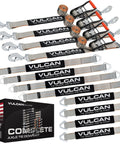 Complete Axle Strap Tie Down Kit With Snap Hook Ratchet Straps Silver Series Webbing Includes Four 22 Inch And Four 36 Inch Axle Tie Downs And Four 8 Foot Snap Hook Straps Beefed Up For Real Heavy Duty Hauling displayed with box and straps