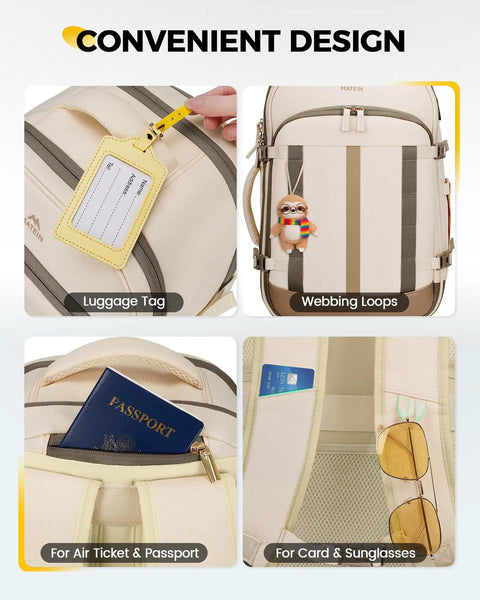 Frontier Friendly Under Seat Personal Item Backpack For Women Waterproof Travel Bag With Luggage Tag And Rain Cover Fits 17.3 Inch Laptops Lightweight TSA Approved Two Piece Set showcasing luggage tag, webbing loops, and compartments.