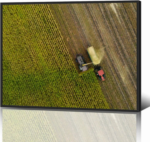 Golden Harvest Scene Canvas Wall Art 12x16 Black Framed Print with aerial farm field view, waterproof and anti-fading.
