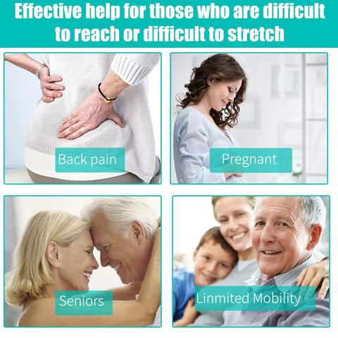 Collage showing people with back pain, pregnancy, seniors, and limited mobility benefiting from Long Reach Comfort Toilet Wiping Aid.