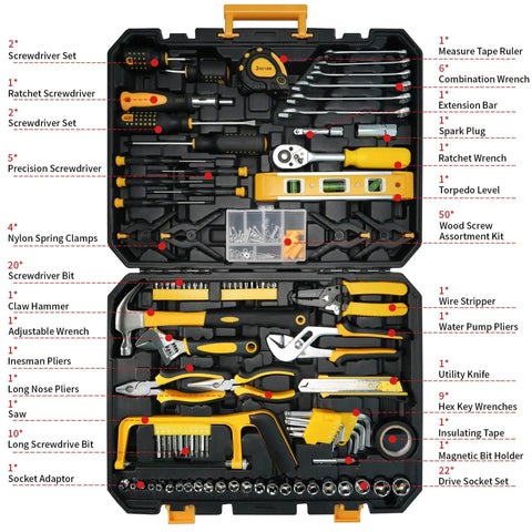 All In One 168 Piece Tool Set With Screwdrivers, Ratchet Wrenches, Socket Wrenches, Hand Saw, And Hammer for various repairs