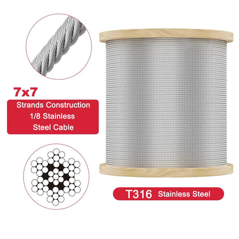 One Eighth Inch T316 Marine Grade Stainless Steel Cable For Deck Railing Systems, 1100 Feet Roll, Seven By Seven Construction