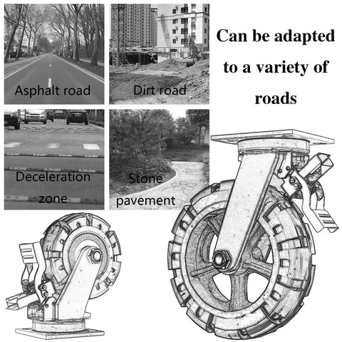 Heavy Duty Rubber Swivel Caster Set Of 4 With Secure Wheel Brake For Moving Heavy Equipment And Industrial Carts adaptable to different road types.