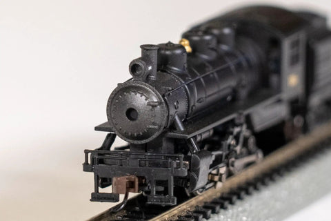 Front view of USRA 0-6-0 Switcher Locomotive With Tender For N Scale, Central New Jersey Theme, on model railway track.