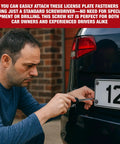 Man installing Heavy Duty License Plate Screws With Rustproof Finish Black Stainless Steel Bolt Kit for front and rear.