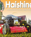 Lawnmower in garden setting with Haishine trimmer accessories, easy to install, featuring a red and black color scheme.