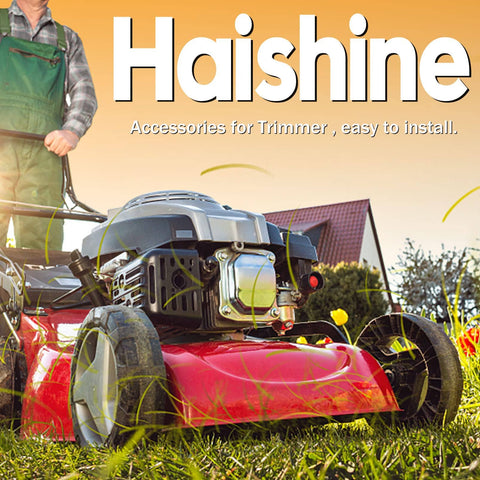 Lawnmower in garden setting with Haishine trimmer accessories, easy to install, featuring a red and black color scheme.