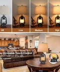 Set Of 2 Farmhouse Table Lamps For Living Room With 3 Way Dimmable Touch Control And USB Ports displayed in living room setting