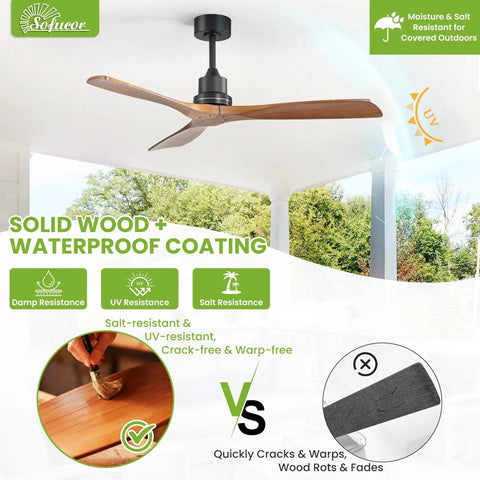 52 Inch Indoor Outdoor Ceiling Fan With Light Remote Control in modern gray finish, installed on a porch with wood and metal details