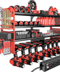Power Tool Organizer Wall Mount With Charging Station 4 Layer Heavy Duty Metal Cordless Tool Rack With 8 Drill Slots And Hammer Screwdriver Holders Garage Ready Tool Storage Shelf Red Pro.