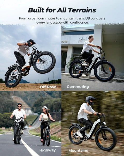 Built for all terrains - collage showing Beast 1500W Electric Fat Bike For Adults with Full Suspension and Hydraulic Brakes. Urban and off-road use.