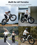 Beast 1500W Peak Electric Mountain Bike For Adults With Hydraulic Brakes, 28 MPH Top Speed, 75 To 105 Mile Range With 48V 13Ah Or 18Ah Battery, 28 Inch Step Through Full Suspension Electric Dirt Bike shown off-road and commuting