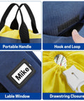 Arborist Rope Bag With Four Side Pockets And Handle, showing handle, hook-and-loop, label window, and drawstring closure details