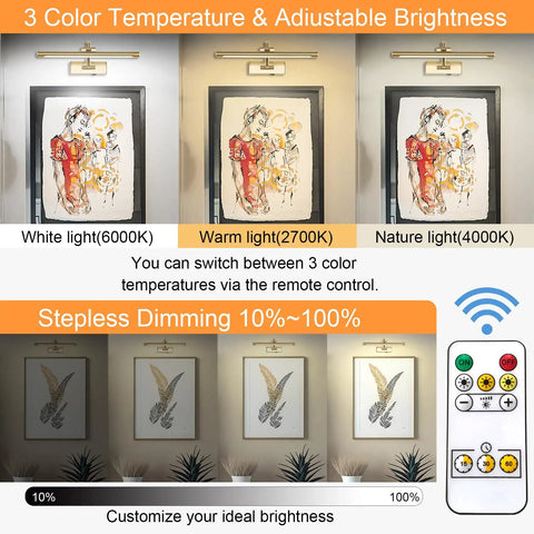 Three color temperature options for Super Sleek Wireless Picture Light For Wall Featuring Rechargeable Led Art Display With Remote Control.