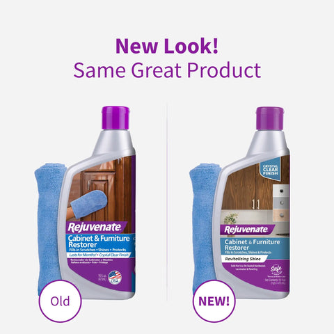 Side by side comparison of Rejuvenate Cabinet And Furniture Restorer bottles with cloths, showing old and new designs.